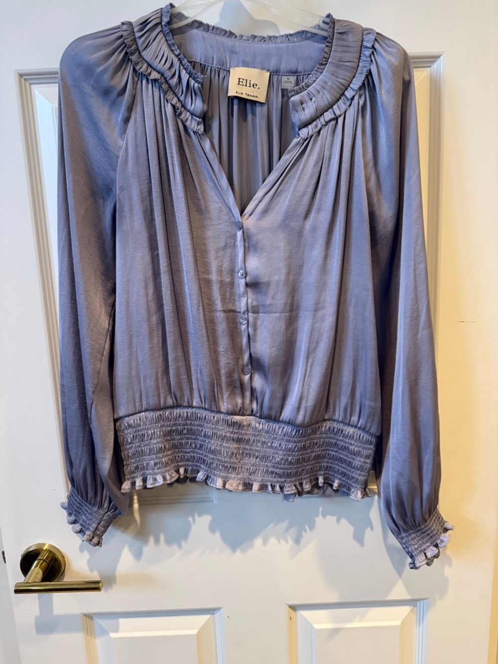 Elie Tahari Lavender Satin Ruffle-Neck Button Blouse